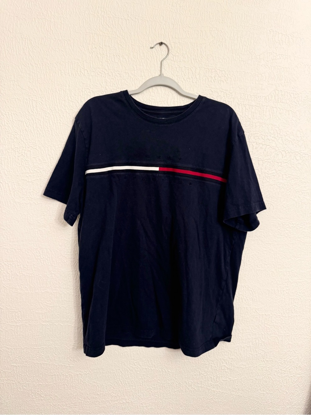 Tommy Hilfiger Navy T-Shirt with White and Red Chest Stripe